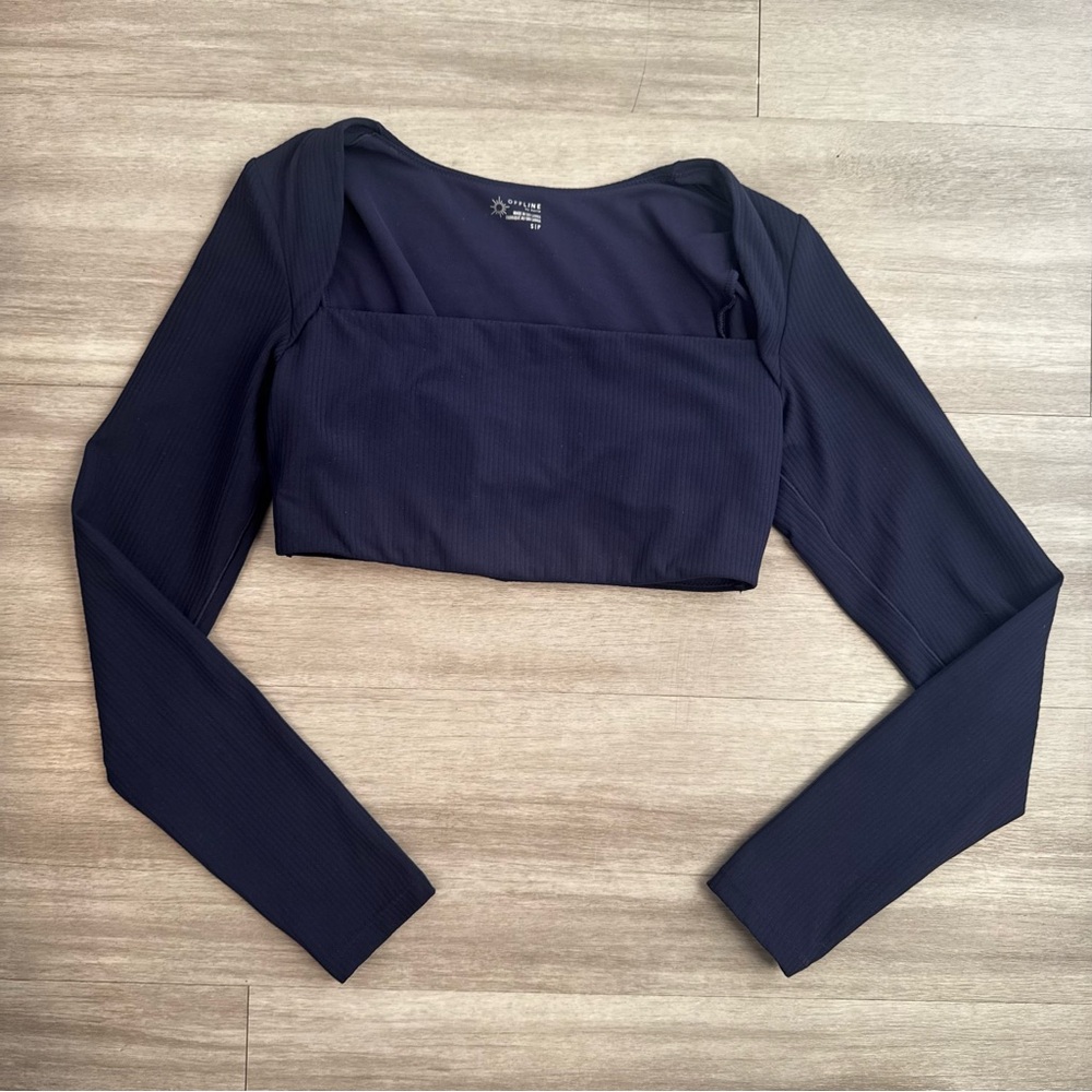 OFFLINE By Aerie Womens Small Real Me XTRA Square Neck Navy Long Sleeve Bra Top